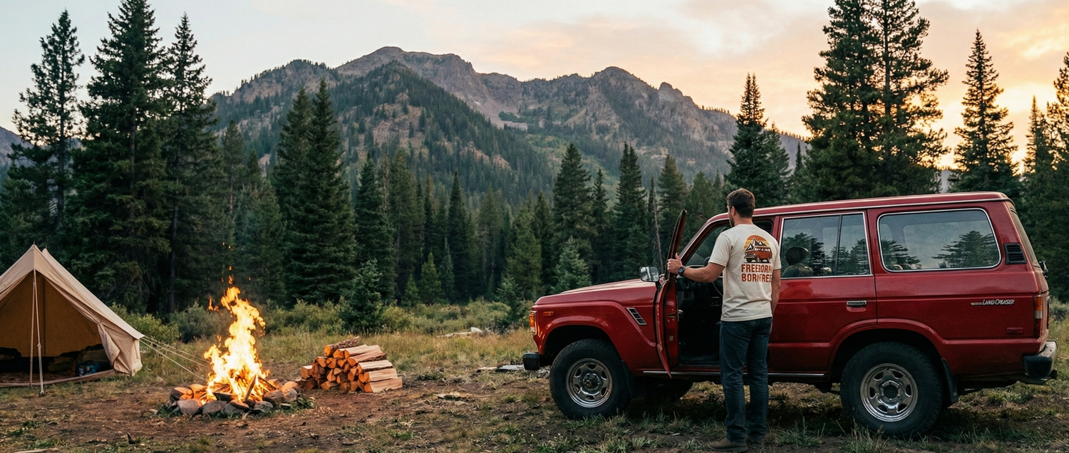 A wide-angle hero photograph showing a man from behind at a forest campsite, wearing a beige t-shirt with a graphic that reads 'FREEBORN BORNFREE' above a red FJ60 illustration. He is opening the door to a red Toyota Land Cruiser FJ60 vehicle next to a lit campfire and a canvas tent under a mountain sunset.