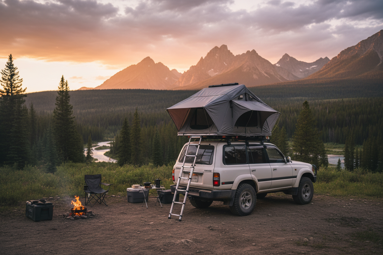 I need an 80 series landcruiser at a campsite with a rooftop overlanding tent