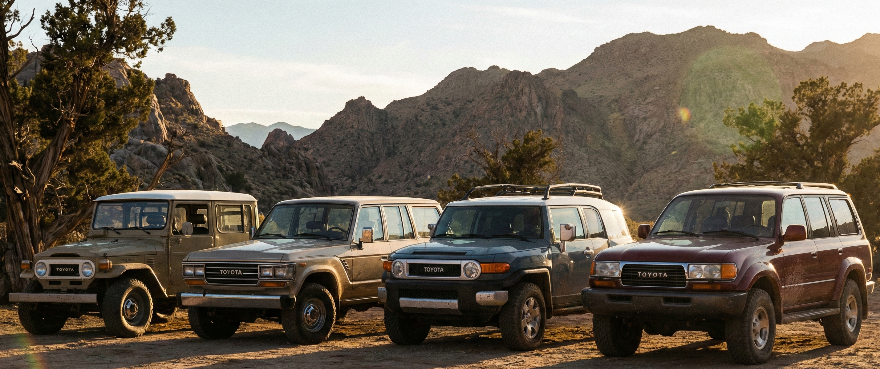 Lineup of classic Toyota Land Cruisers including FJ40, FJ60, FJ Cruiser, and 80 Series parked on a desert road