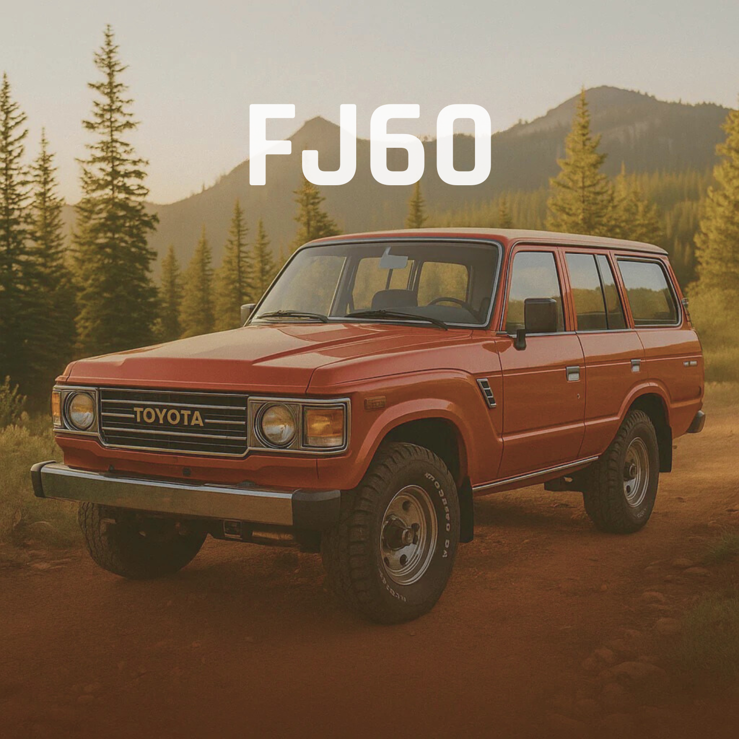Freeborn Red Toyota FJ60 Land Cruiser parked on a dirt trail at golden hour with mountains and pine trees in the background — collection image for the FJ60 apparel line.