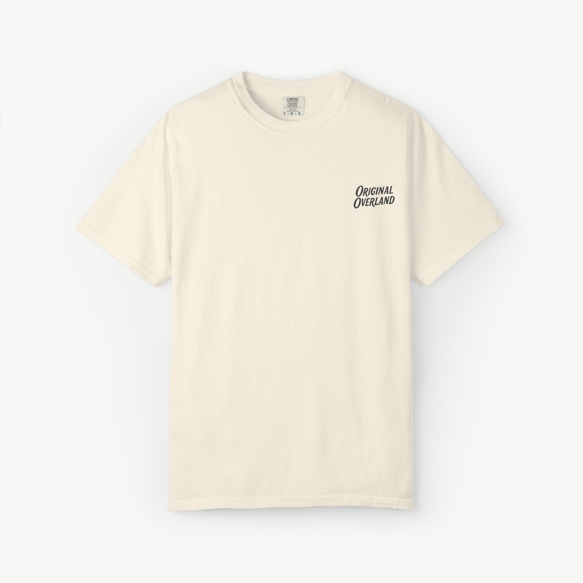 Ivory t-shirt with small ‘Original Overland’ chest logo on a white background.