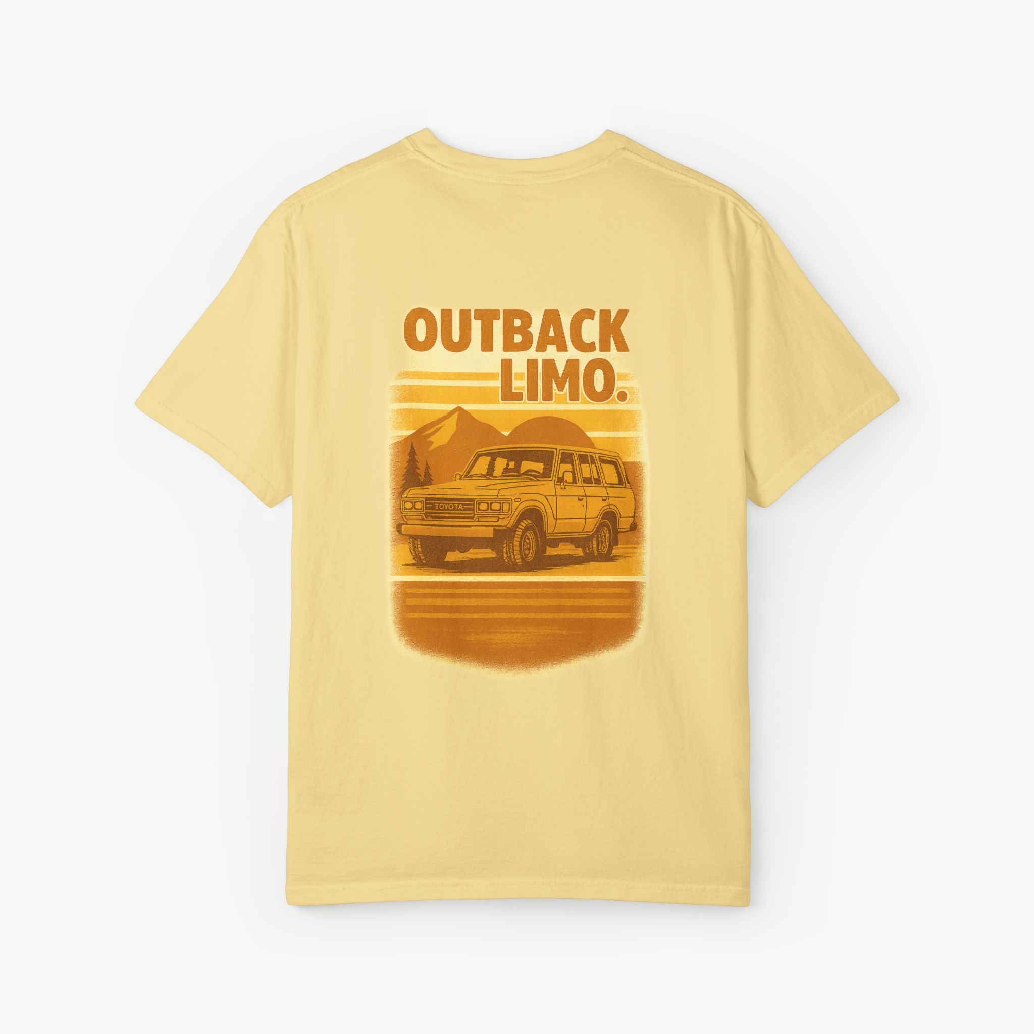 Outback Limo FJ60 graphic printed on the back of a banana cream garment-dyed t-shirt.