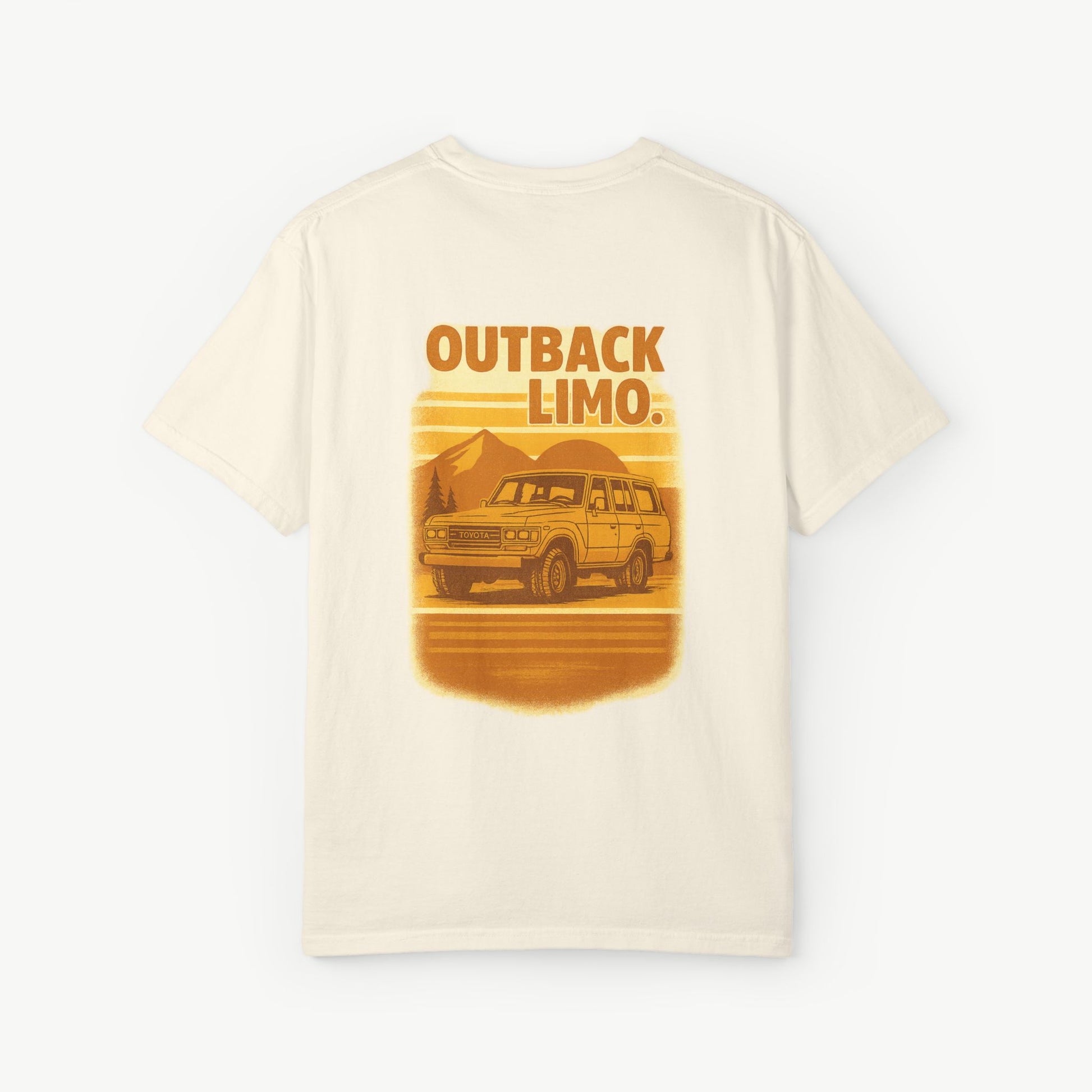 Outback Limo FJ60 graphic printed on the back of an ivory garment-dyed t-shirt.
