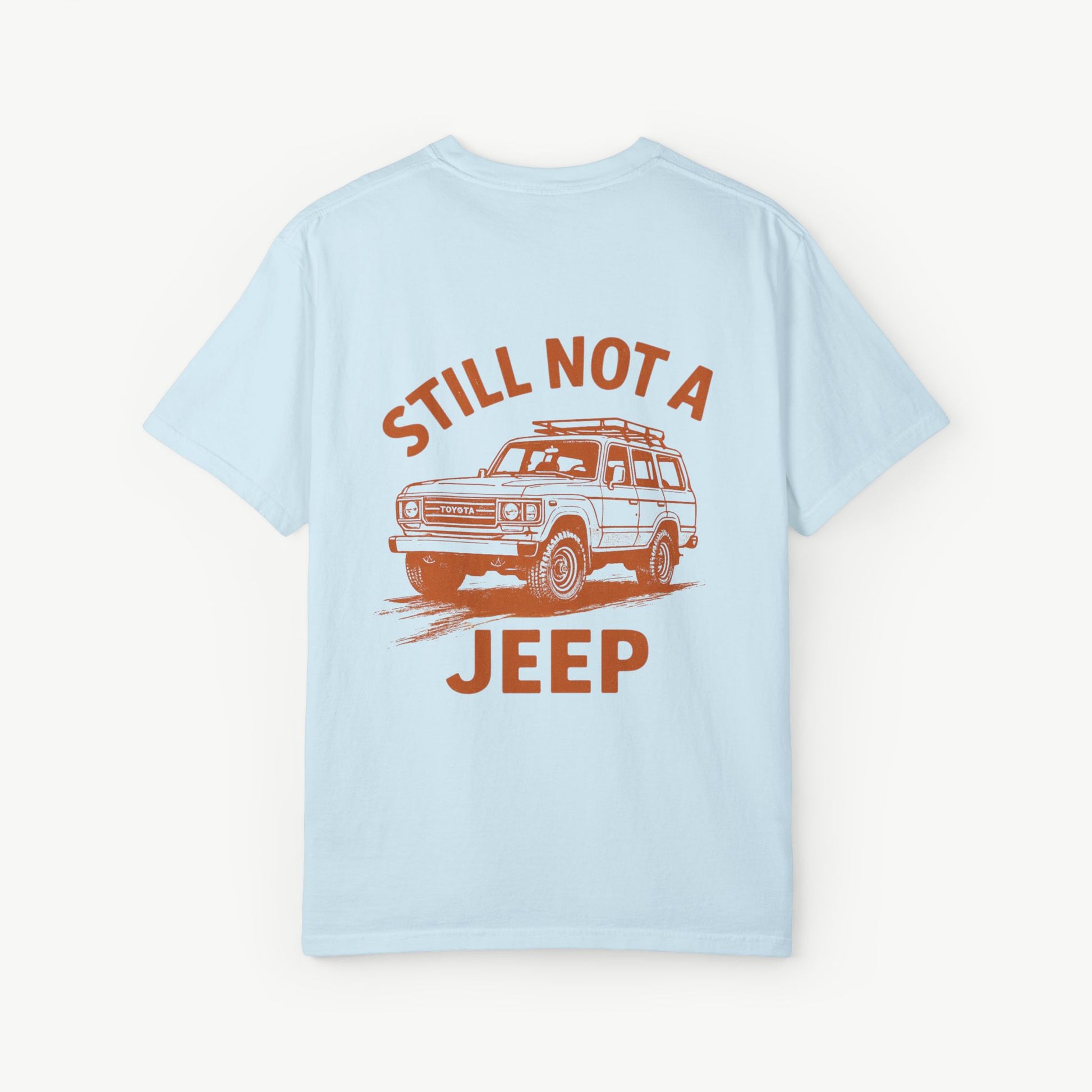 Chambray FJ60 ‘Still Not a Jeep’ tee with retro Toyota Land Cruiser artwork