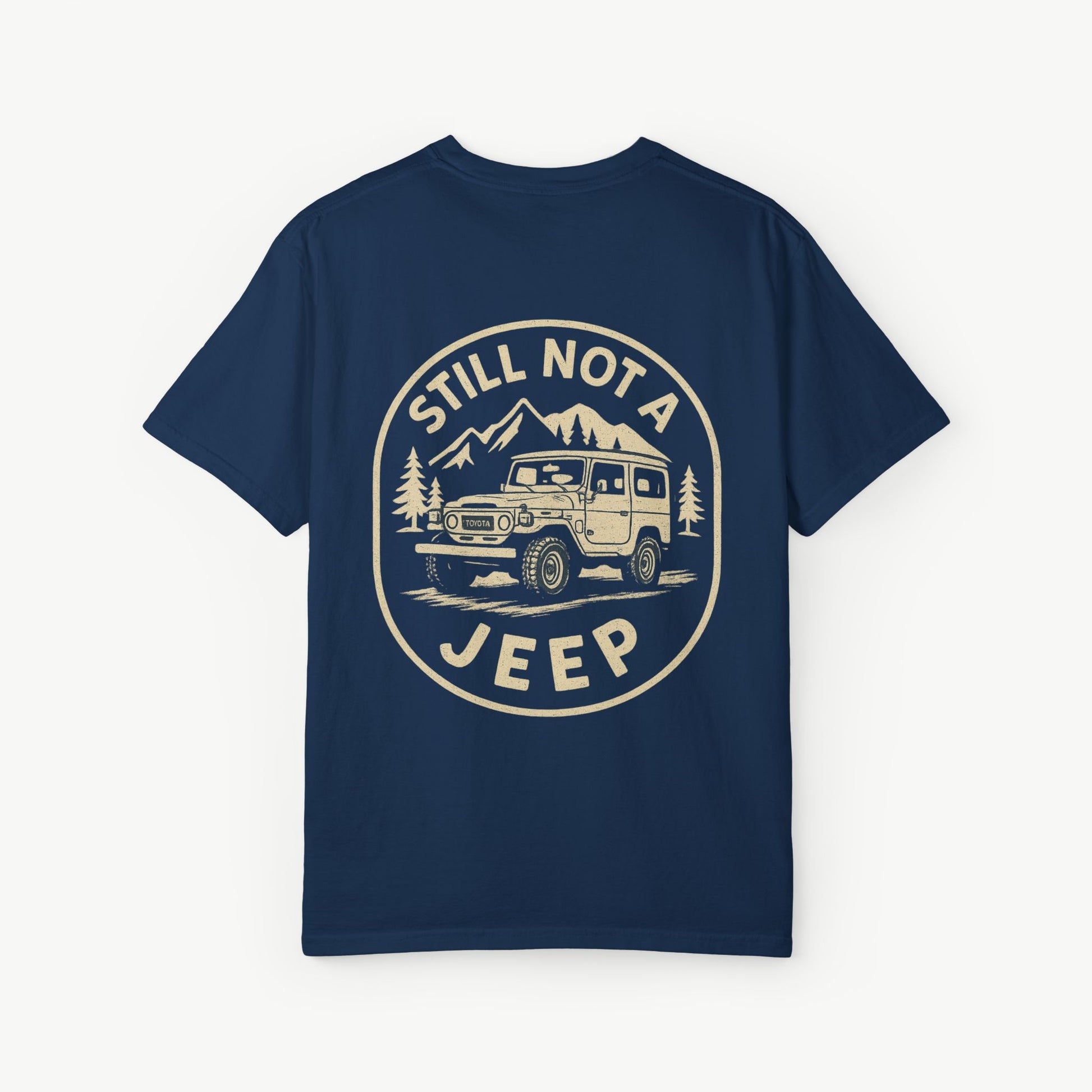 Still Not a Jeep FJ40 graphic tee in navy with retro Land Cruiser artwork
