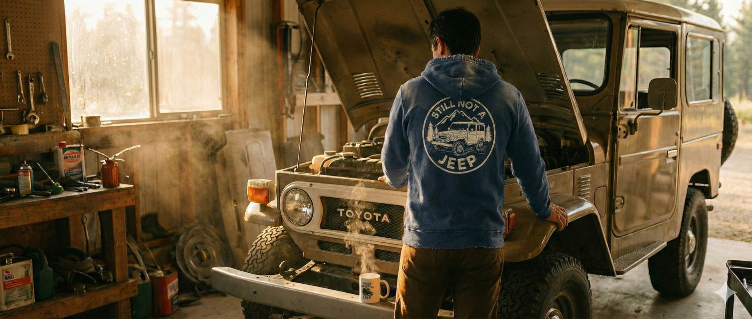 A man in a rustic garage leaning over the open engine bay of a vintage beige Toyota FJ40 Land Cruiser. He is wearing a worn, distressed blue hoodie with a white circular graphic on the back that reads 'STILL NOT A JEEP' above an illustration of the vehicle and mountains. Warm morning light streams through a window to the left, and steam rises from a coffee mug sitting on the truck's front bumper.