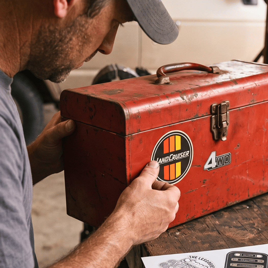 Man applying vintage tri-color retro Land Cruiser logo sticker and 4WD emblem decal onto a red metal toolbox in a workshop.